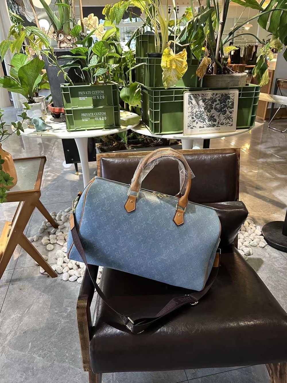 Designer inspired blue Monogram Travel Duffel Bag with Tan Trim - Men Bags